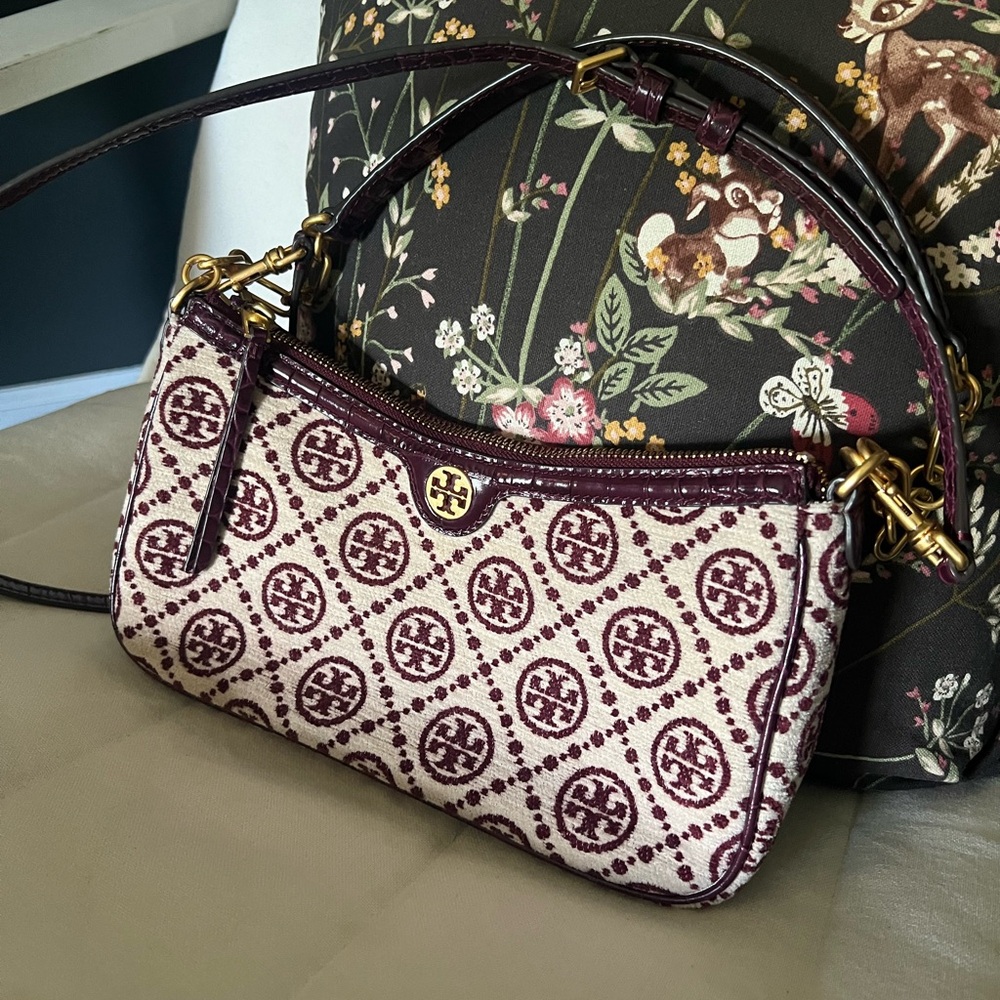 Tory Burch Burgundy and Cream Shoulder Bag-T Monogram Chenille Studio Purse